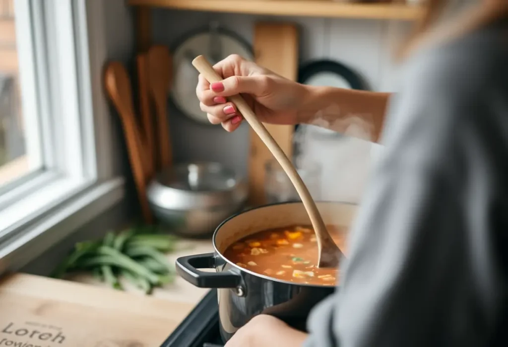 Une main féminine tient une cuillère en bois en remuant une marmite dans une cuisine accueillante, illustrant l'équilibre entre effort et détente