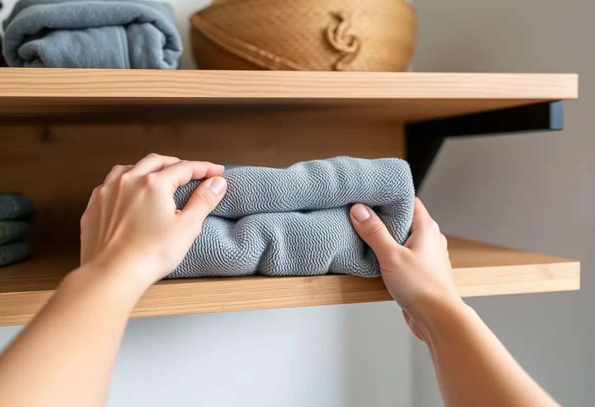 Des mains posent une serviette pliée sur une étagère en bois dans un home gym, symbolisant la phase de maintien de l'entraînement du plancher pelvien