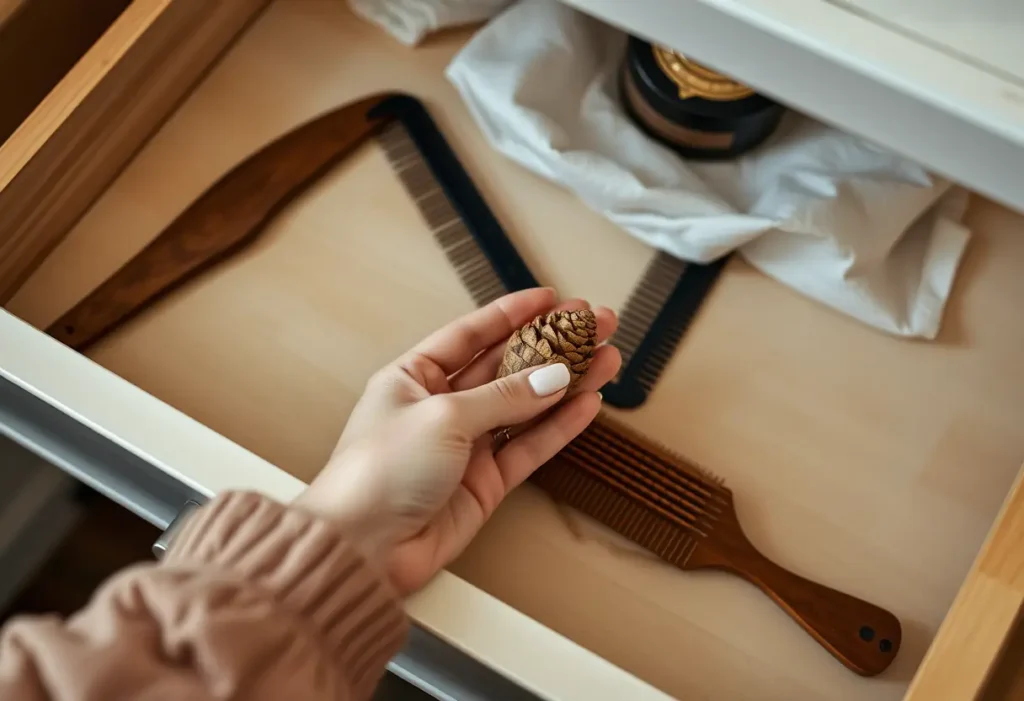 Une main féminine tenant un petit cône en bois dans un tiroir, entouré d'objets quotidiens