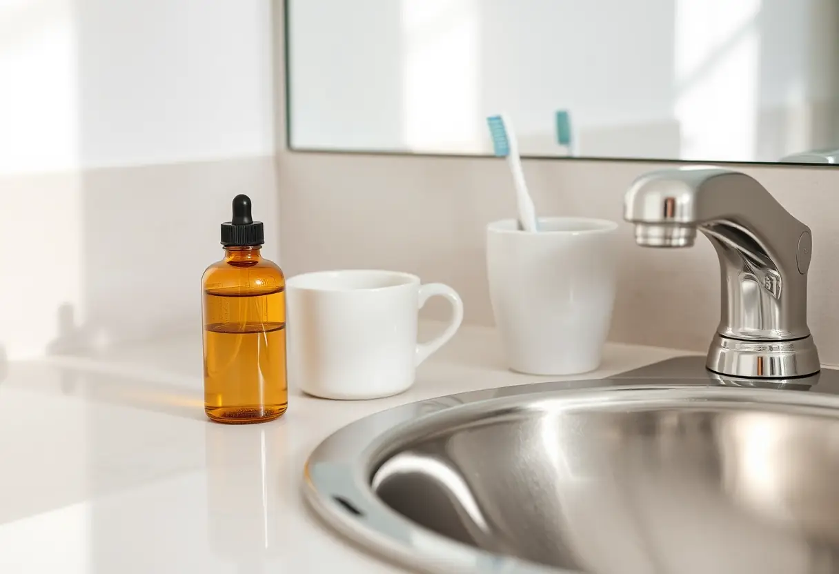 Un comptoir de salle de bain avec une bouteille en verre remplie d'huiles essentielles, près d'une tasse en porcelaine et un porte-dents