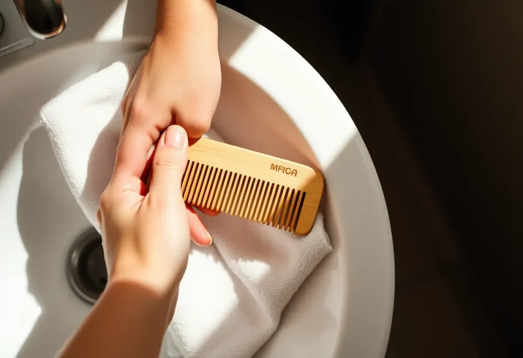 Une main féminine tenant une brosse en bois posée sur un linge doux dans une salle de bain.