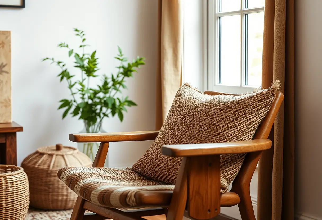 Un fauteuil en bois dans un salon accueillant, près d’une fenêtre laissant entrer la lumière naturelle.