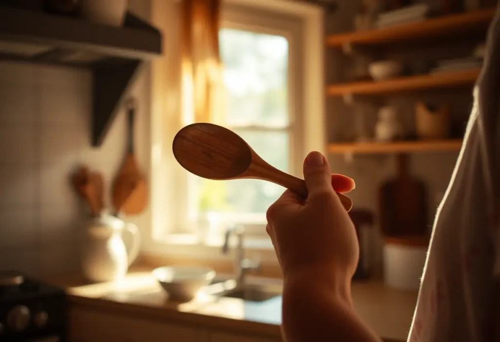 Une main féminine tient délicatement une cuillère en bois dans une cuisine accueillante