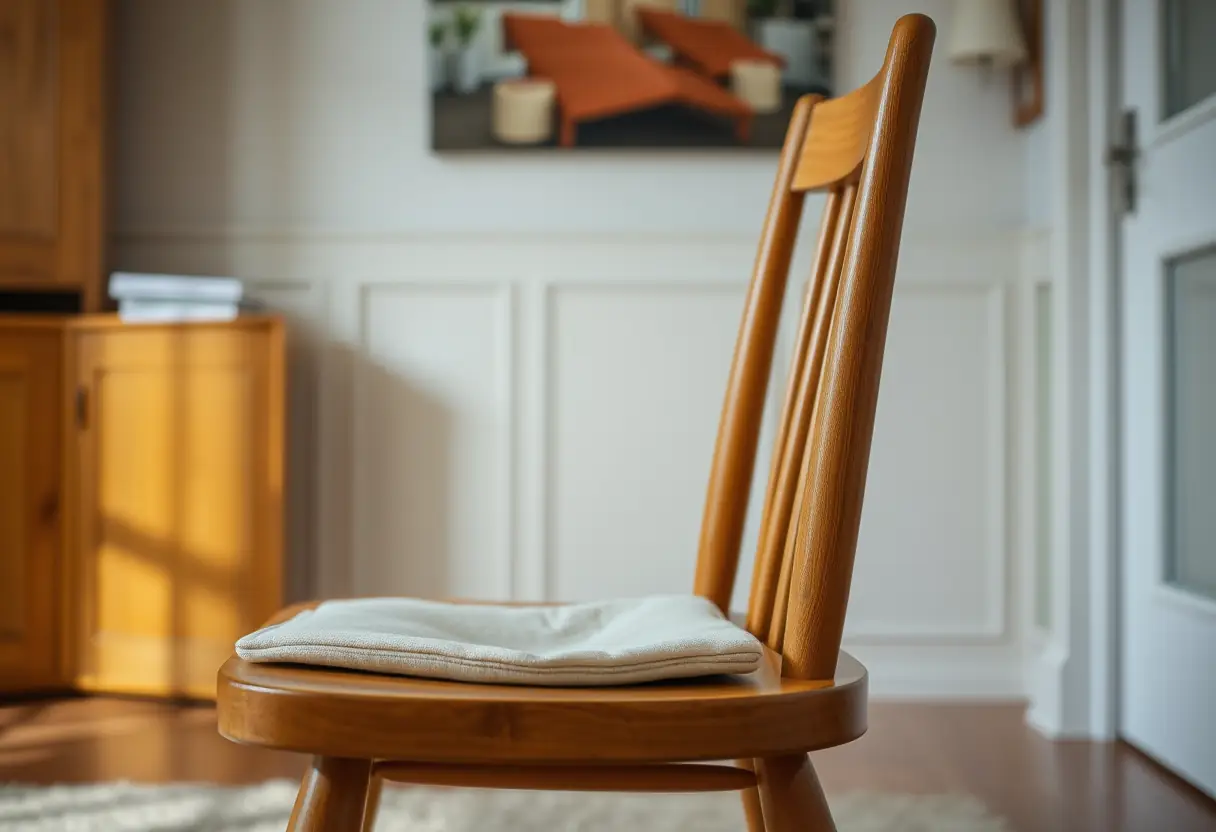 Un fauteuil en bois se trouve dans un salon calme, soulignant le confort et la détente