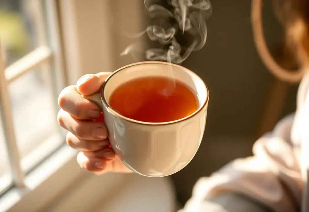 Une main tenant une tasse de thé chaud
