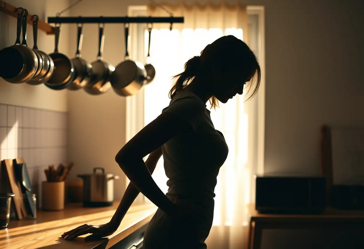 Une femme dans une cuisine avec des pots en acier inoxydable au-dessus d’elle