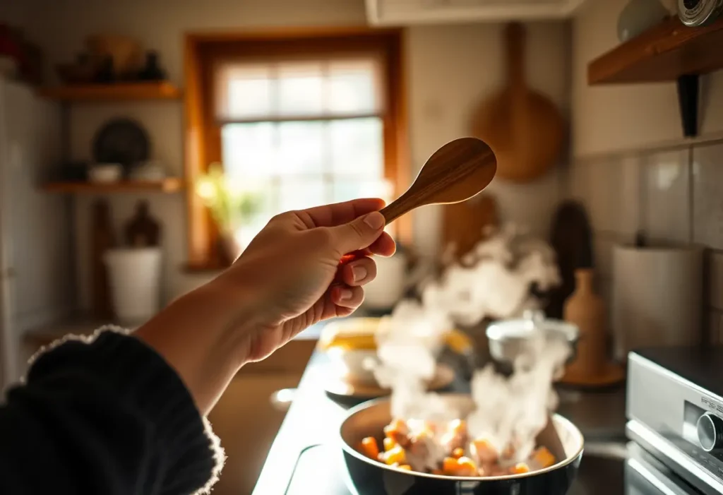 Une main féminine tenant une cuillère en bois dans une cuisine chalereuse