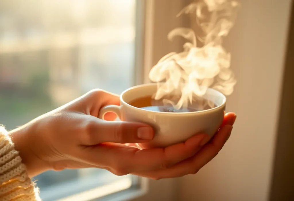Une main féminine tient une tasse de thé chaud, la lumière naturelle souligne la vapeur qui s'échappe.