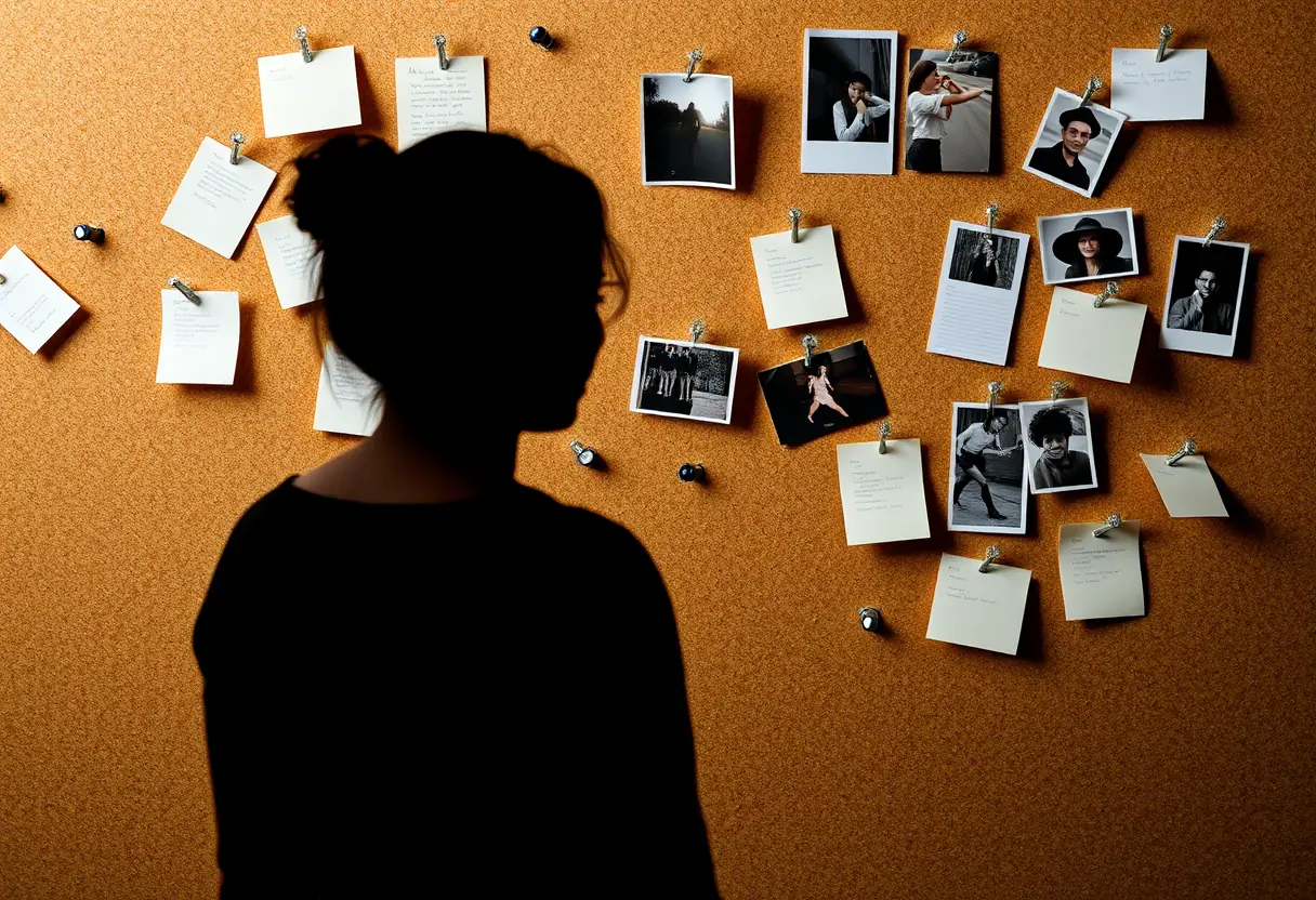 Un profil d'une femme debout devant un tableau mural avec des notes et des photos épinglées.