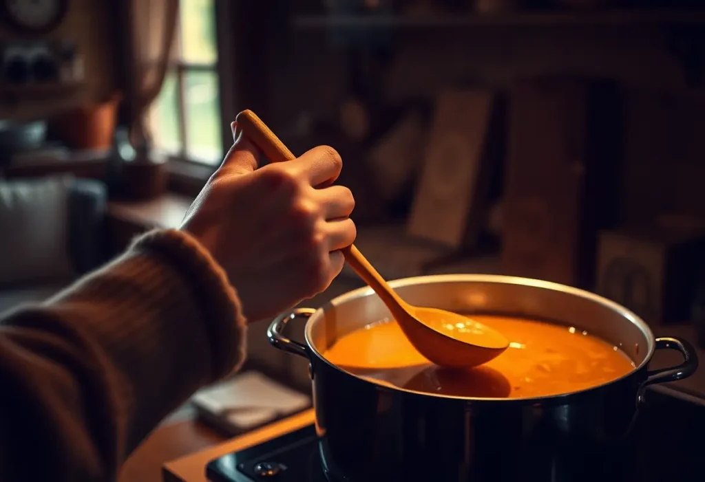 Main dans une cuisine accueillante pendant la préparation d'une soupe, texte alternatif pour les malvoyants, bien-être intime