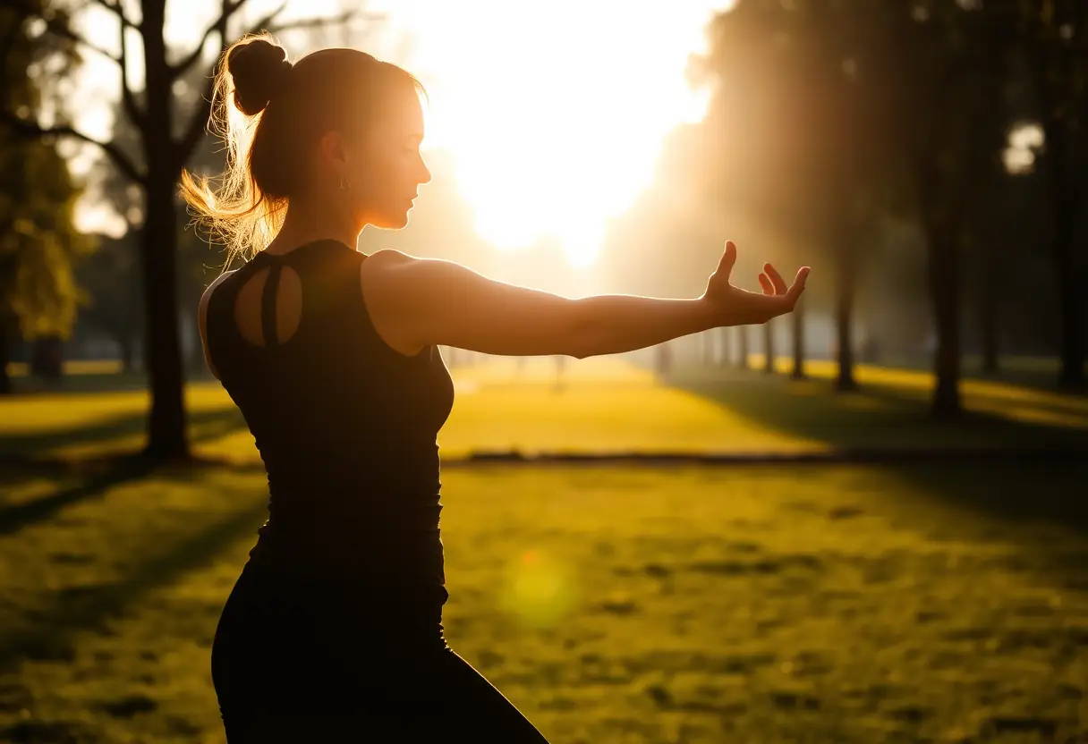 Silhouette d'une femme en train de faire du yoga dans un parc au lever du soleil, texte alternatif pour les malvoyants, bien-être intime
