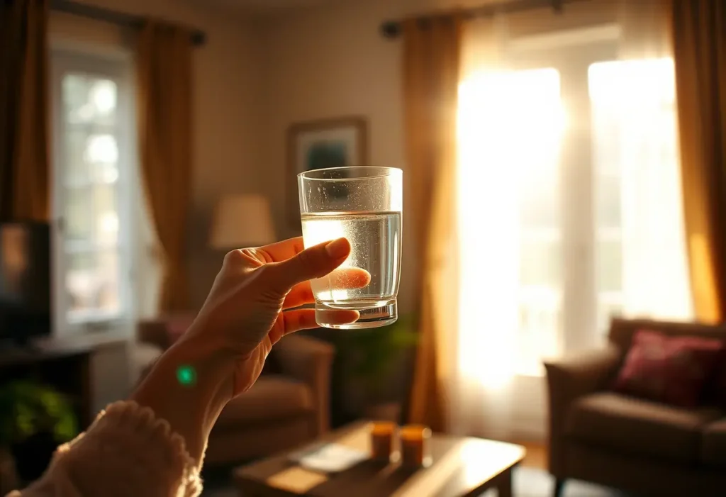 Une main tenant un verre d'eau dans un salon accueillant, éclairage naturel