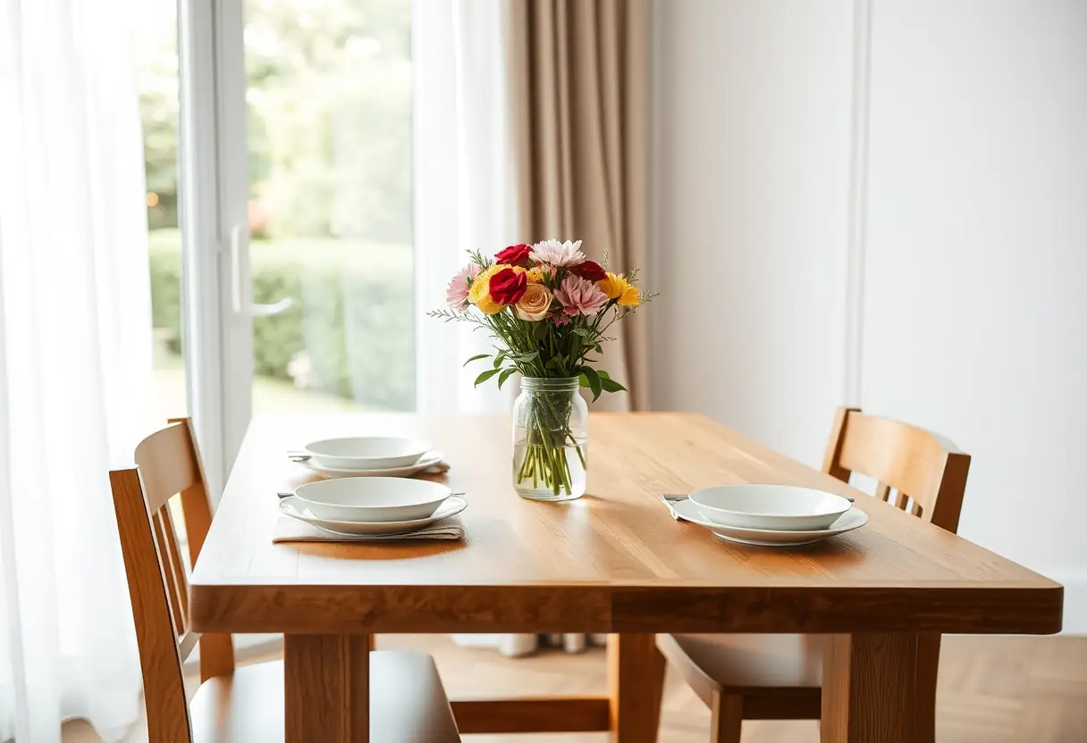 Un couvert pour deux sur une table en bois avec des assiettes en céramique, éclairé par la lumière tamisée d'une fenêtre donnant sur un jardin