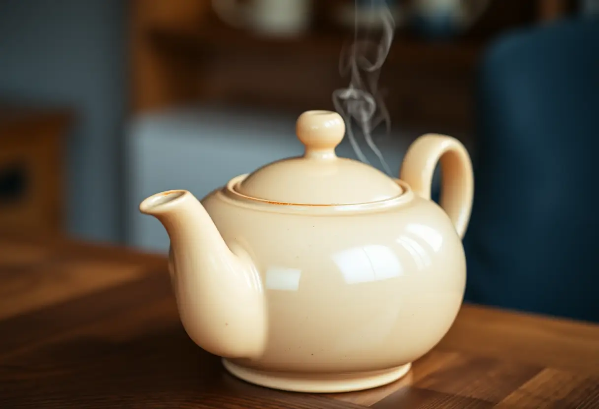 Un pot de thé en céramique sur une table en bois