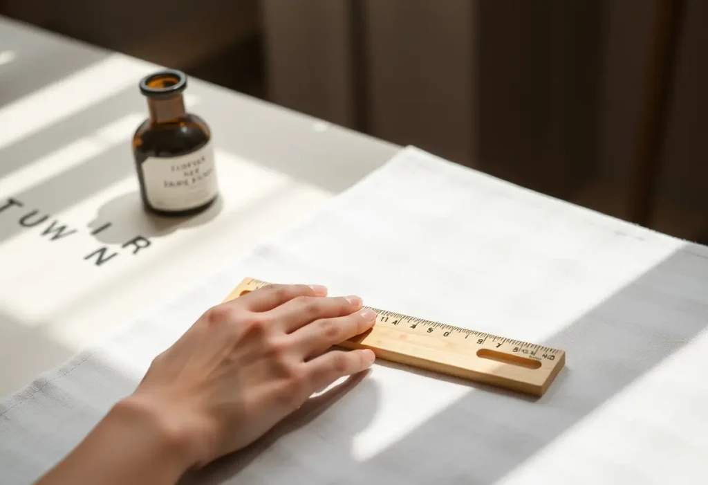 Une main féminine tenant un petit règle en bois sur une table recouverte d’un tissu doux, illustrant l’importance de la précision dans la rééducation périnéale.