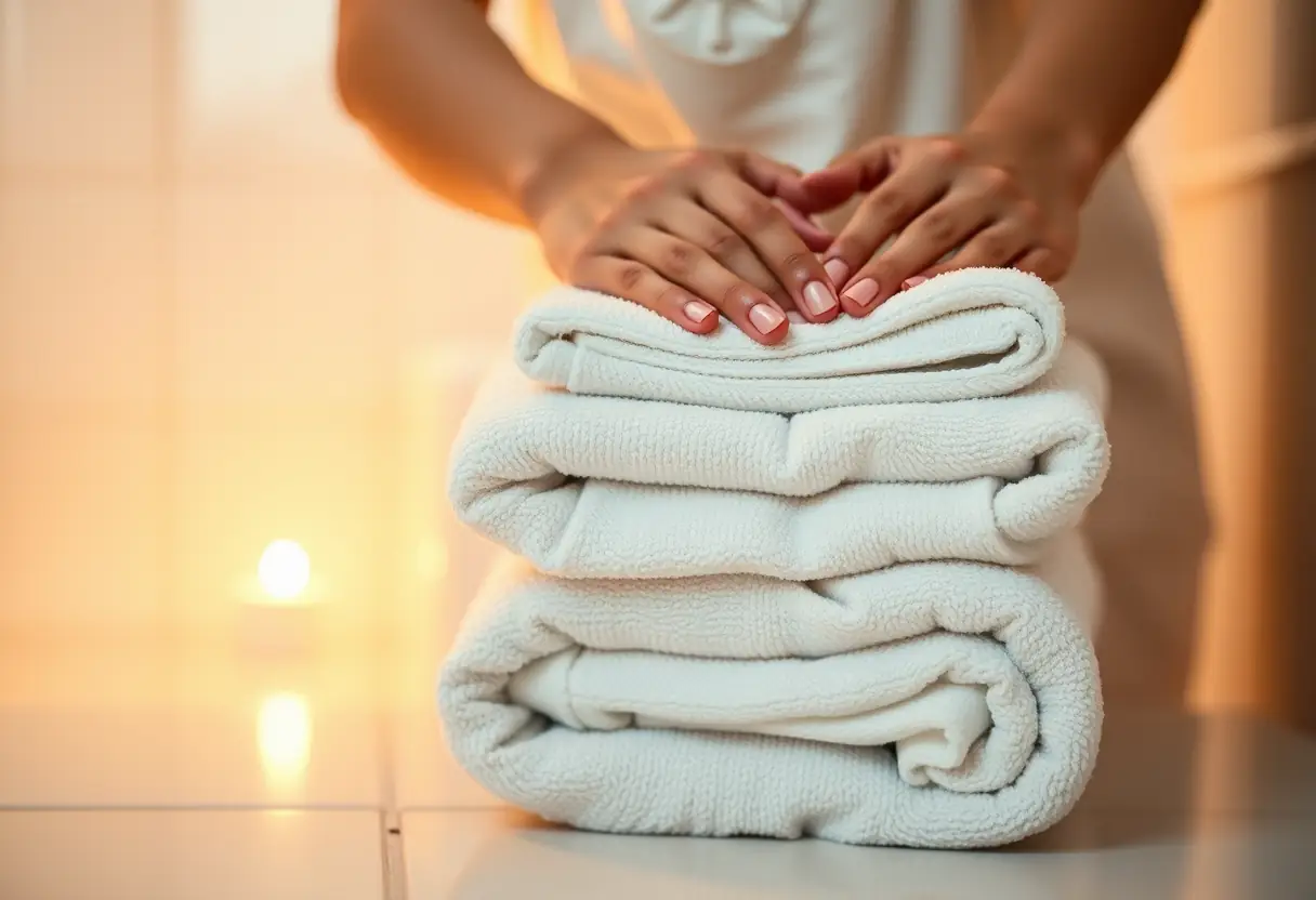 Des mains disposant des serviettes pliées dans une salle de bains, la lumière chaleureuse soulignant le confort et l'attention portée à l'hygiène personnelle.