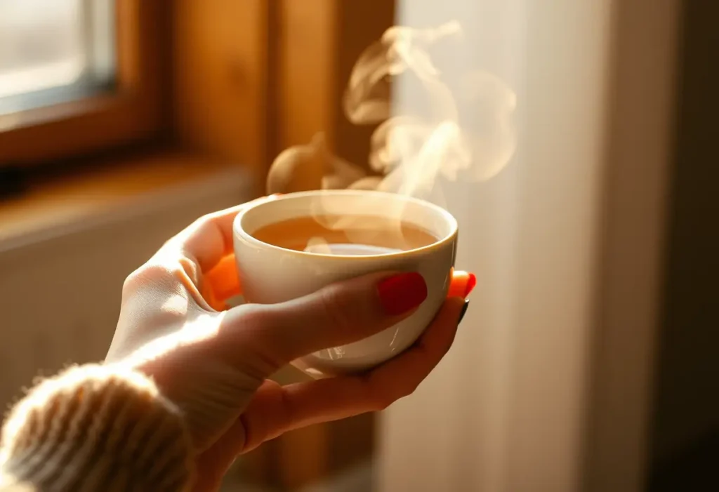 Une main féminine tenant une tasse de thé chaud aux herbes, éclairée par la lumière du soleil.