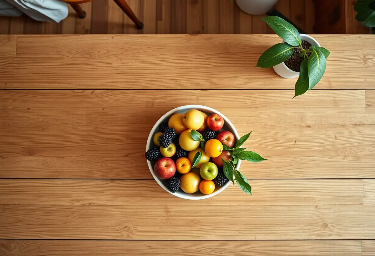 Vue d’ensemble d’une table de bois avec un bol de fruits frais, symbolisant la nutrition et la santé, dans un intérieur accueillant.
