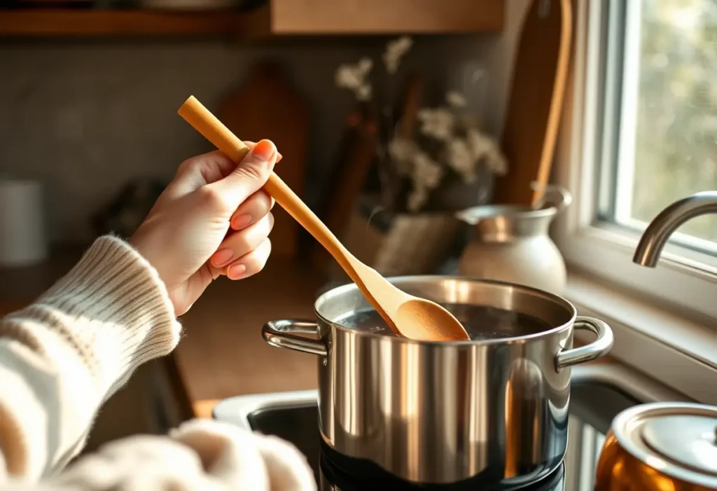 Une main féminine tient une cuillère en bois dans une cuisine accueillante, éclairée par la lumière du matin