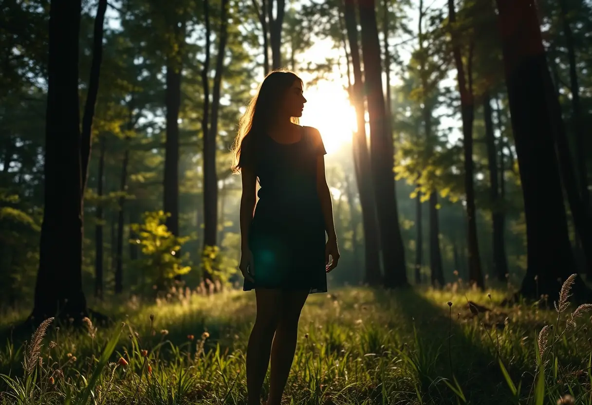 Une femme en silhouette se tient dans une clairière entourée d'arbres et de fleurs sauvages, baignée par la lumière du soleil qui filtre à travers les feuilles