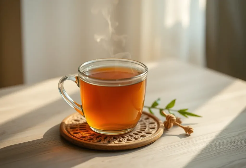 Une tasse de thé herbeux fumant posée sur un coquetier, éclairée par la lumière du matin