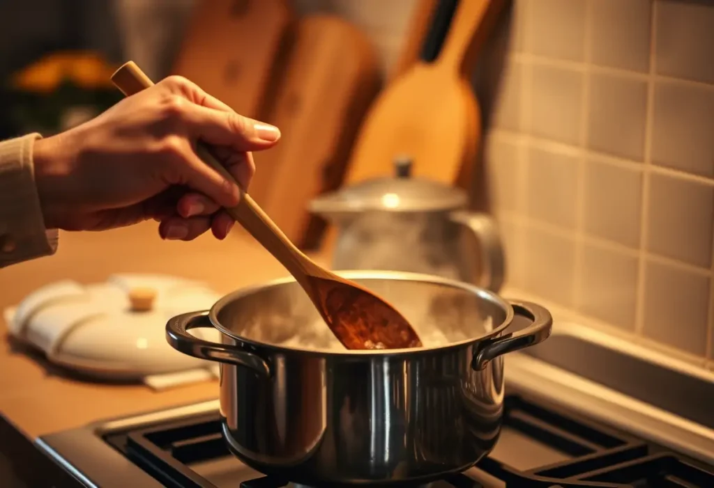 Une main tenant une cuillère en bois au-dessus d'une casserole chaude, symbolisant la cuisine partagée et l'intimité.