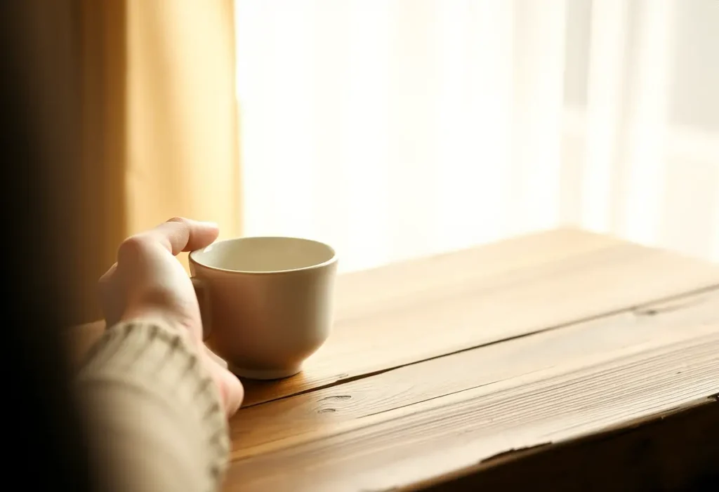 Une main féminine tenant délicatement une tasse en porcelaine sur une table en bois, symbolisant l'autocompassion.