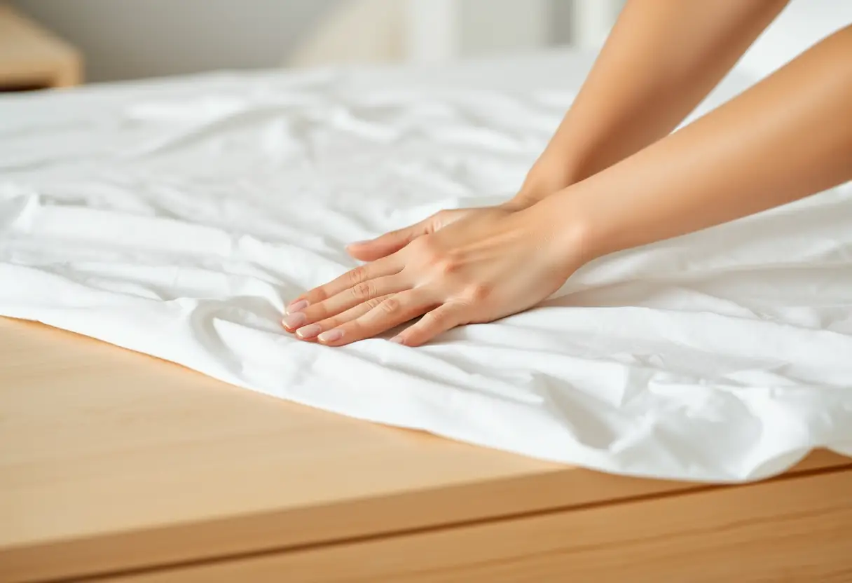 Une main apaisant un drap en coton, symbole des routines de soins personnels