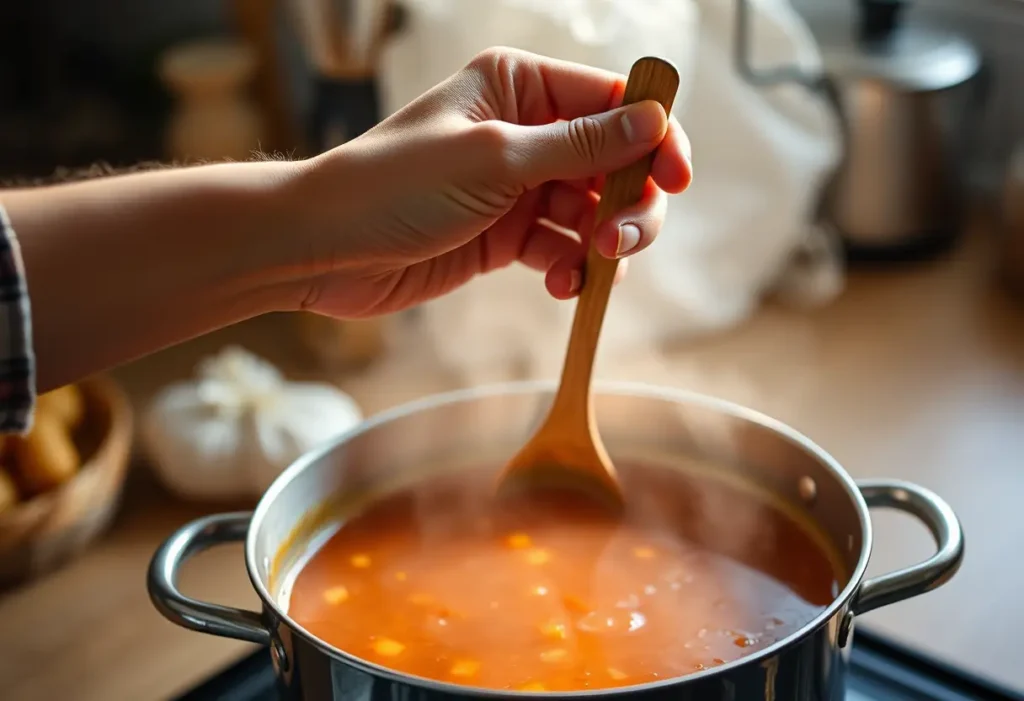 Main dans une cuisine préparant une soupe, lien avec l'estime de soi