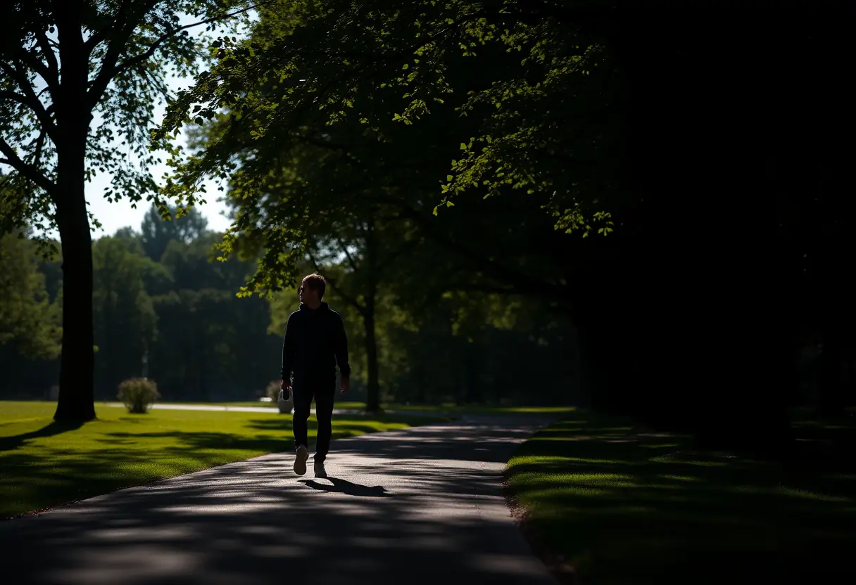 Silhouette de quelqu'un marchant dans un parc calme, lien avec la prise en charge de soi-même