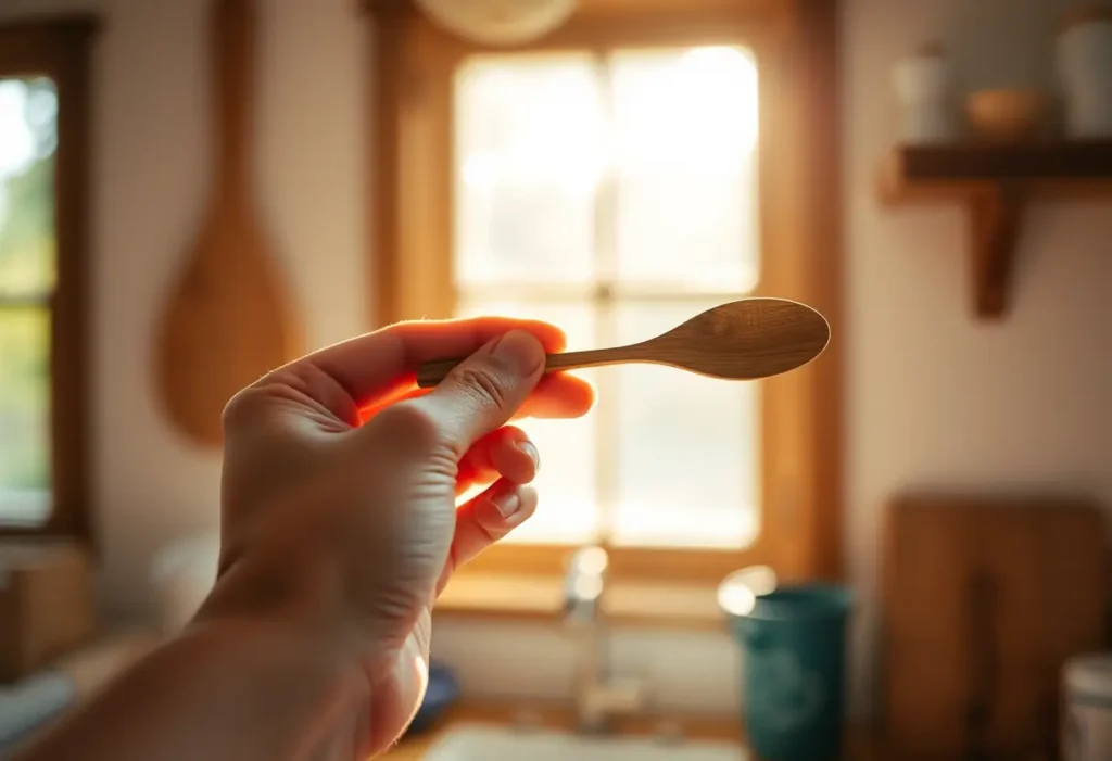 Une main féminine tenant délicatement une cuillère en bois, symbolisant le bien-être et la sérénité.
