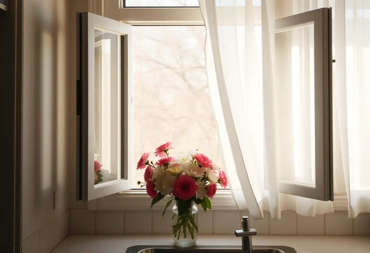 Fenêtre de cuisine avec rideaux et vase de fleurs fraîches, représentant la paix intérieure