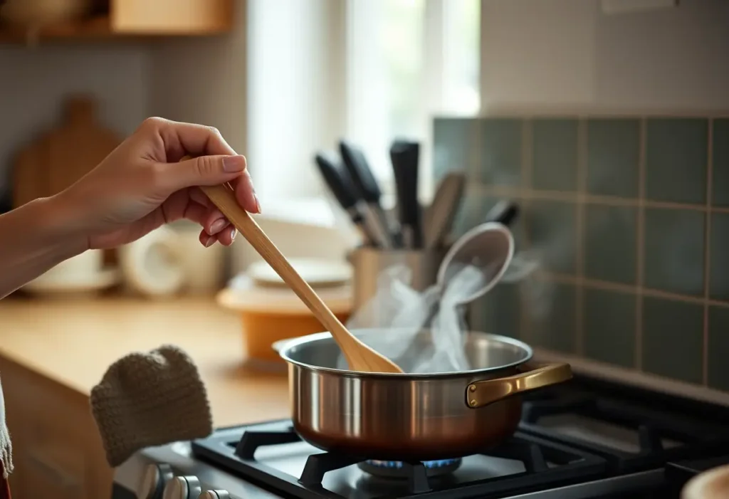 Une main tient délicatement une cuillère en bois dans une cuisine accueillante, lumière naturelle