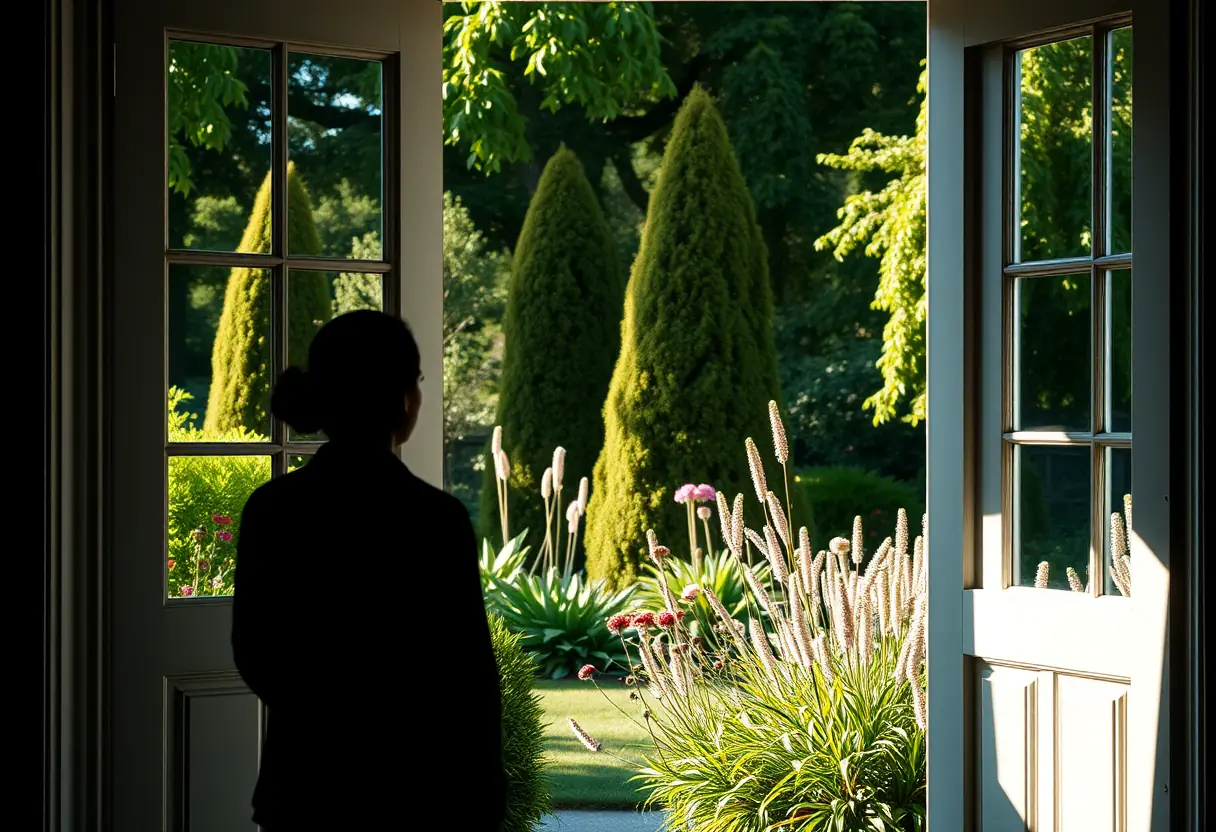 Un profil se découpe contre un chambranle de porte blanche, regardant un jardin luxuriant, lumière du matin