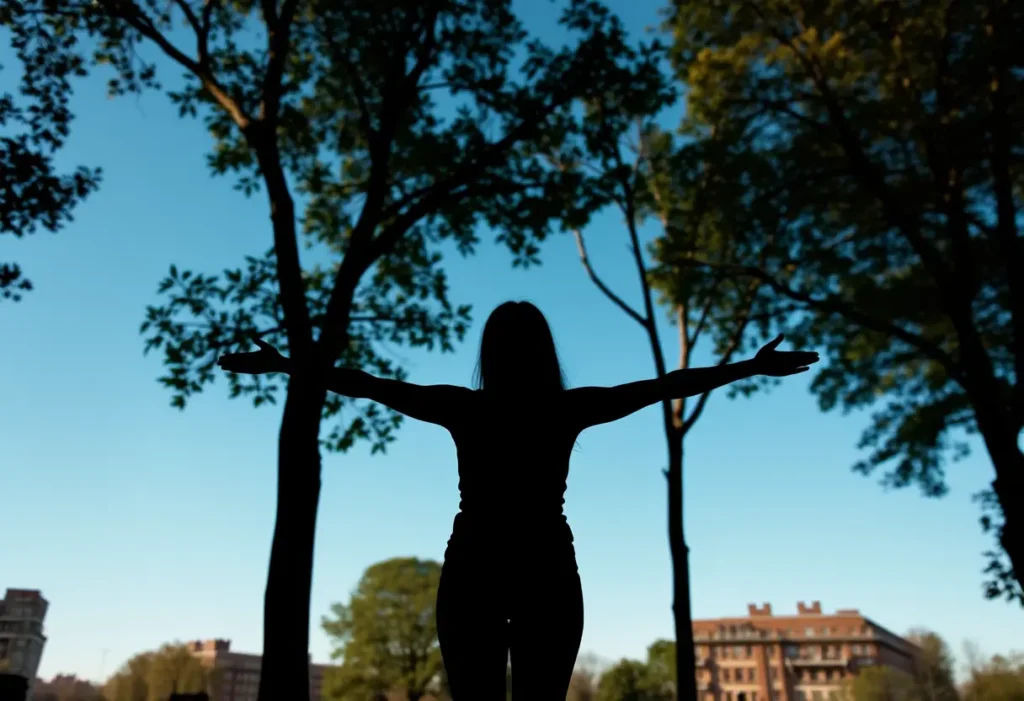 Une silhouette s'étire dans un parc, incarnant la confiance par le corps