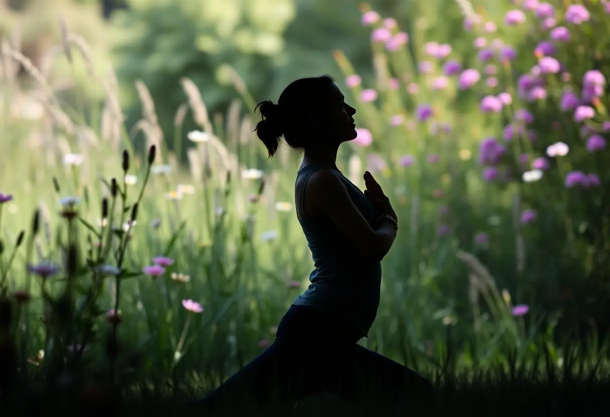 Une silhouette féminine pratiquant le yoga dans un jardin calme, entourée de fleurs en fleur et de hautes herbes, se concentrant sur sa respiration et sa posture