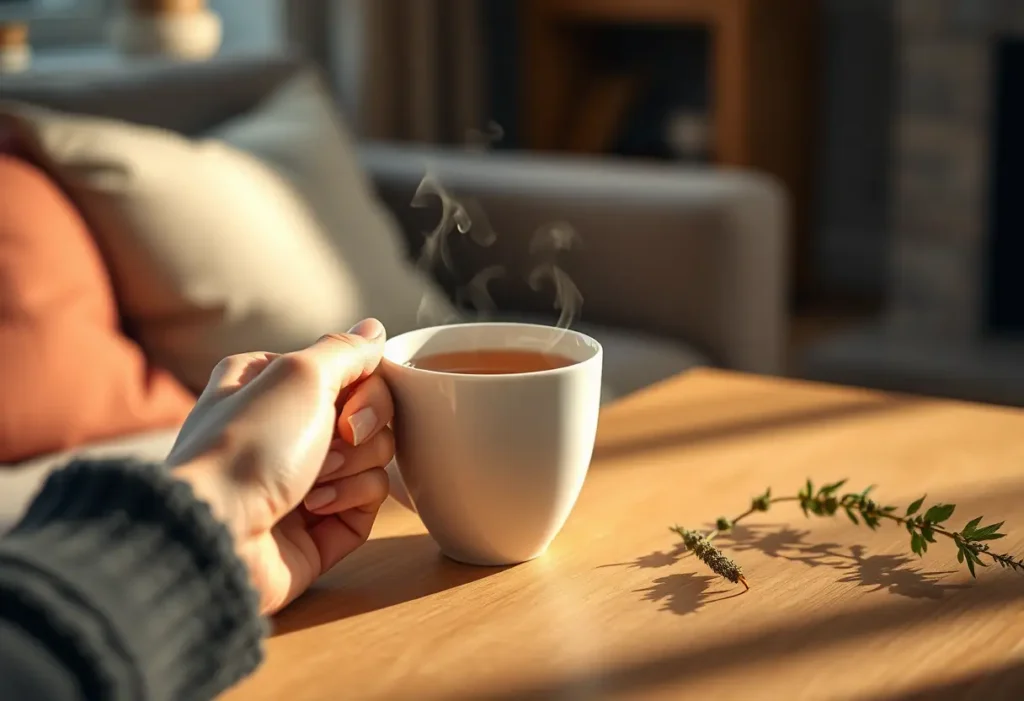 Une main féminine tient une tasse de thé chaud dans un salon accueillant