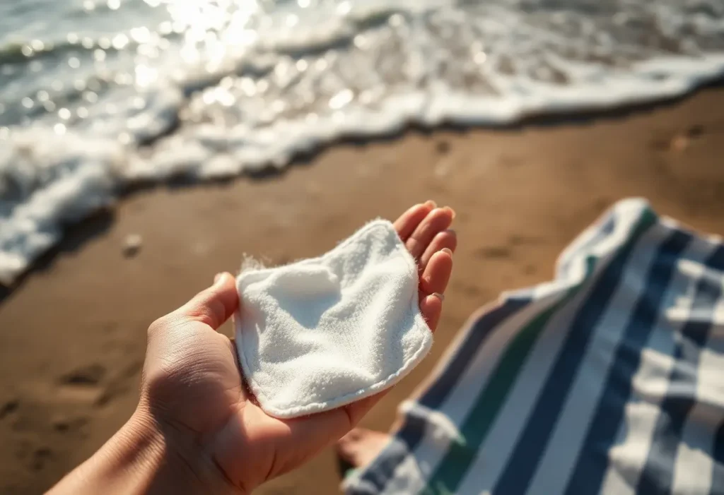 Une main tient un tampon en coton près d’un serviette de plage à la plage, éclats de lumière sur les vagues