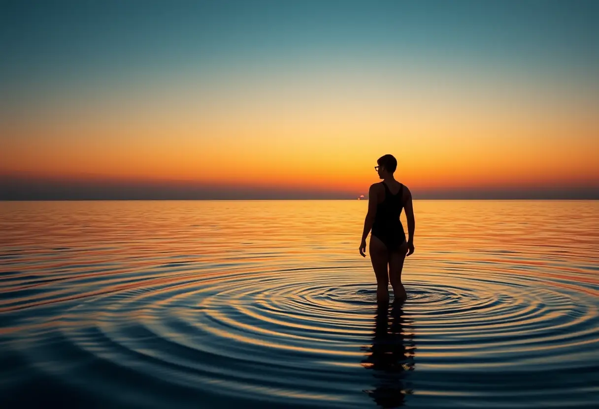 Un silhouetté se tient dans l'eau peu profonde au crépuscule, portant un maillot absorbant, les ondulations reflètent la lumière dorée de la fin de journée