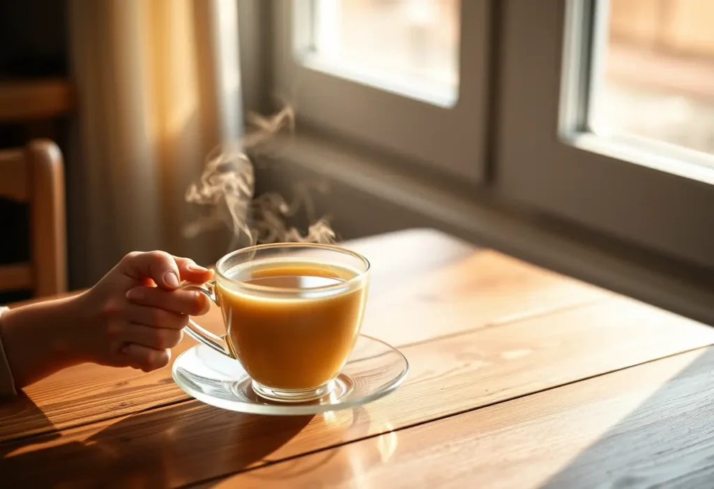 Une main féminine pose délicatement une tasse de thé aromatisé sur une table en bois, lumière du matin tamisée.