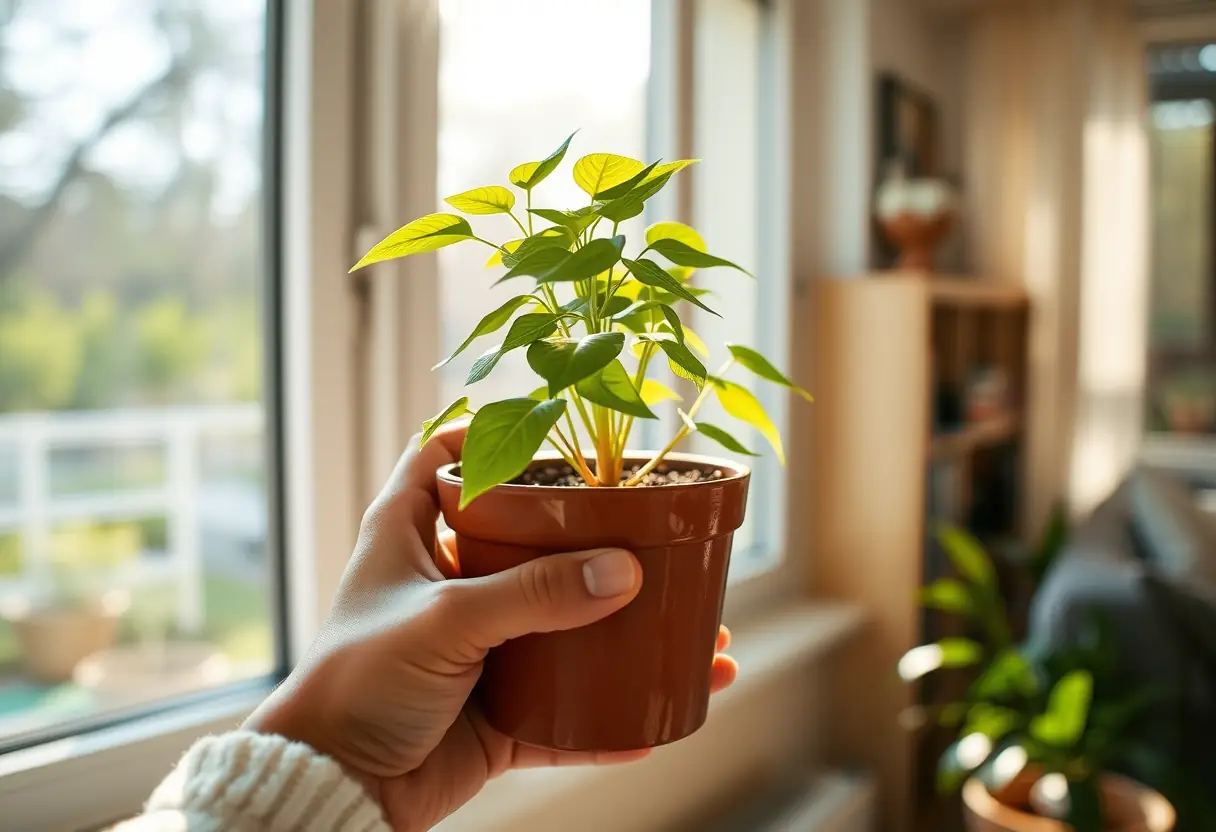 Mains tenant un pot de plante sur un rebord de fenêtre dans un salon chaleureux, lumière naturelle