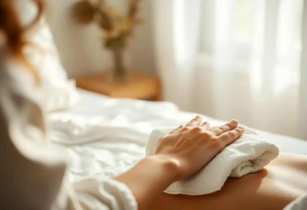 Une main féminine applique délicatement de l'huile sur un chiffon de coton dans une chambre éclairée naturellement.