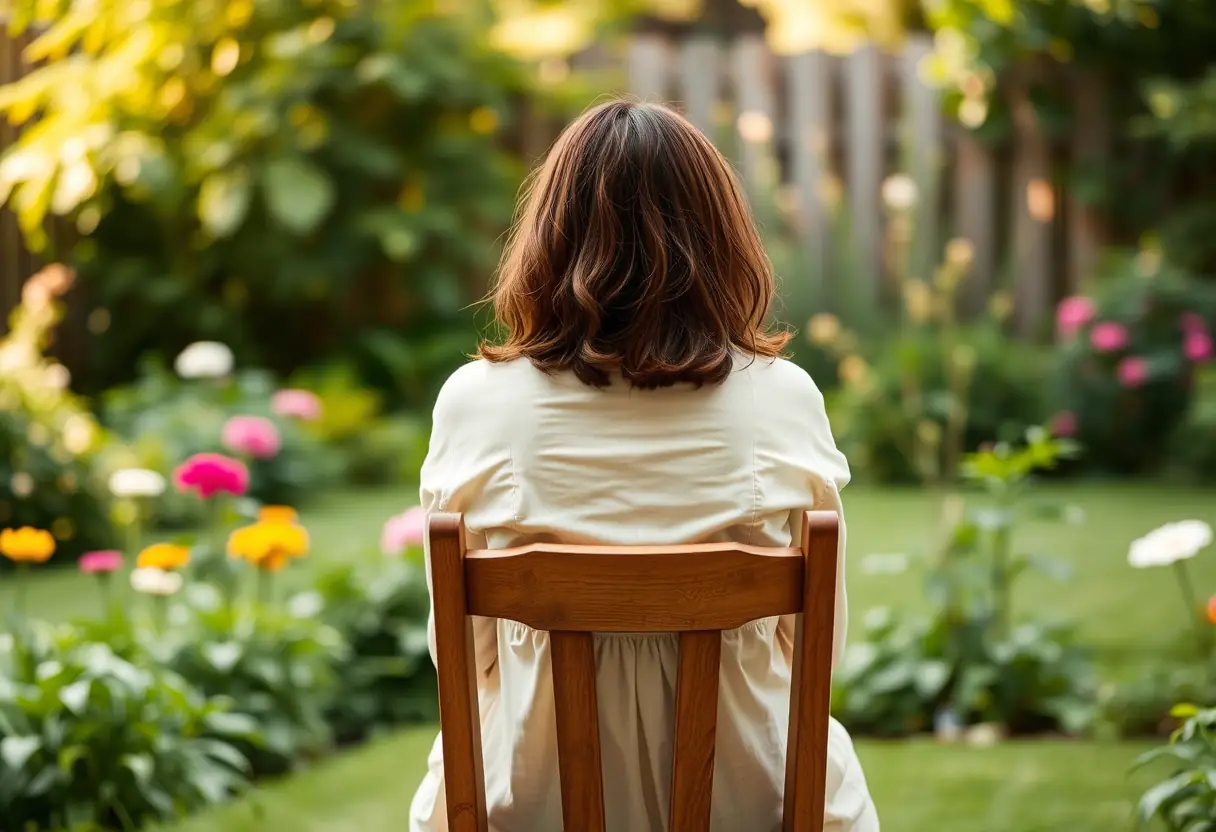 Une silhouette se reflète assise sur une chaise en bois dans un jardin paisible, les mains posées sur les cuisses.