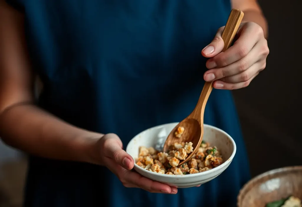 Une main tient une cuillère en bois dans une cuisine, symbole de prendre soin de soi