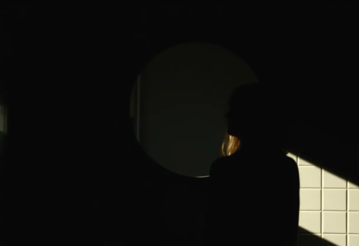 Une femme observe son reflet dans un miroir, introspection sur l'estime de soi