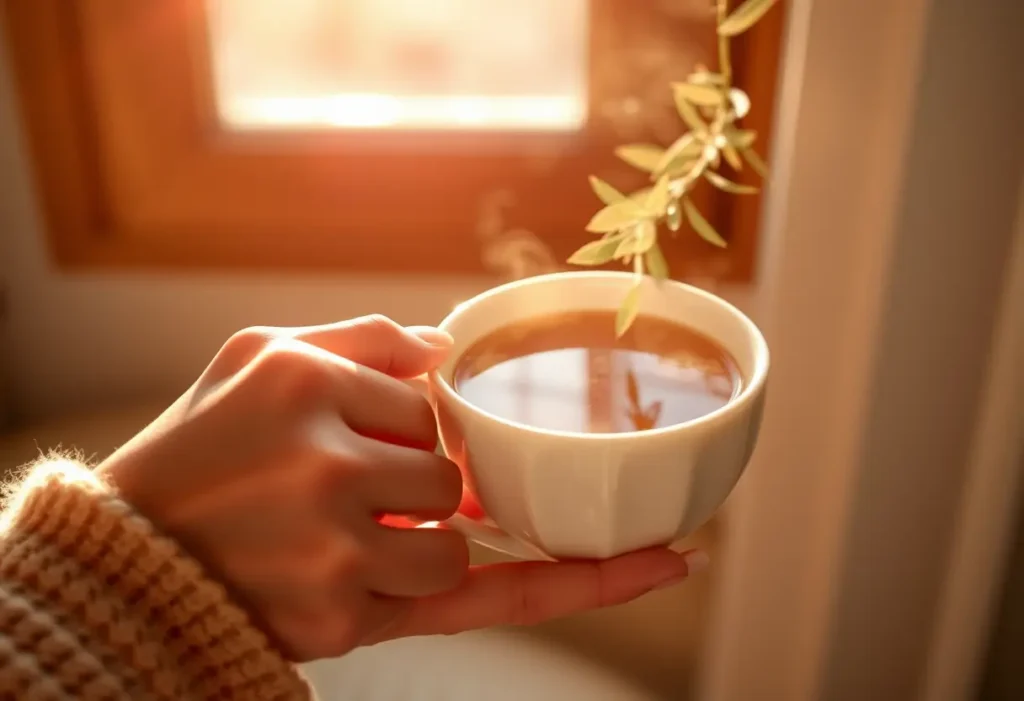 Une main féminine tient une tasse de thé chaud, source de réconfort