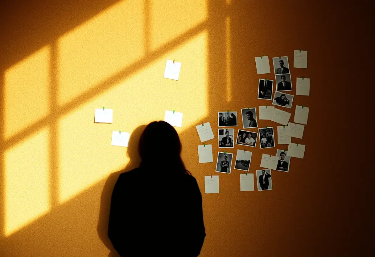 Silhouette de personne devant un mur de tableau blanc avec des notes et photos punaisées, éclairage chaleureux