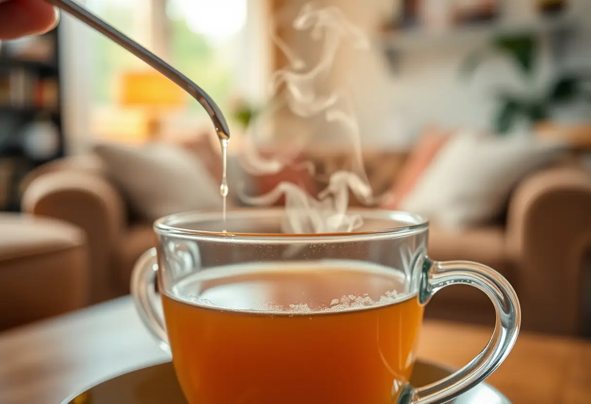 Une cuillère remue une tasse de thé aromatisé, la vapeur s’élevant doucement, prise de vue d’un intérieur accueillant éclairé par une lumière chaleureuse