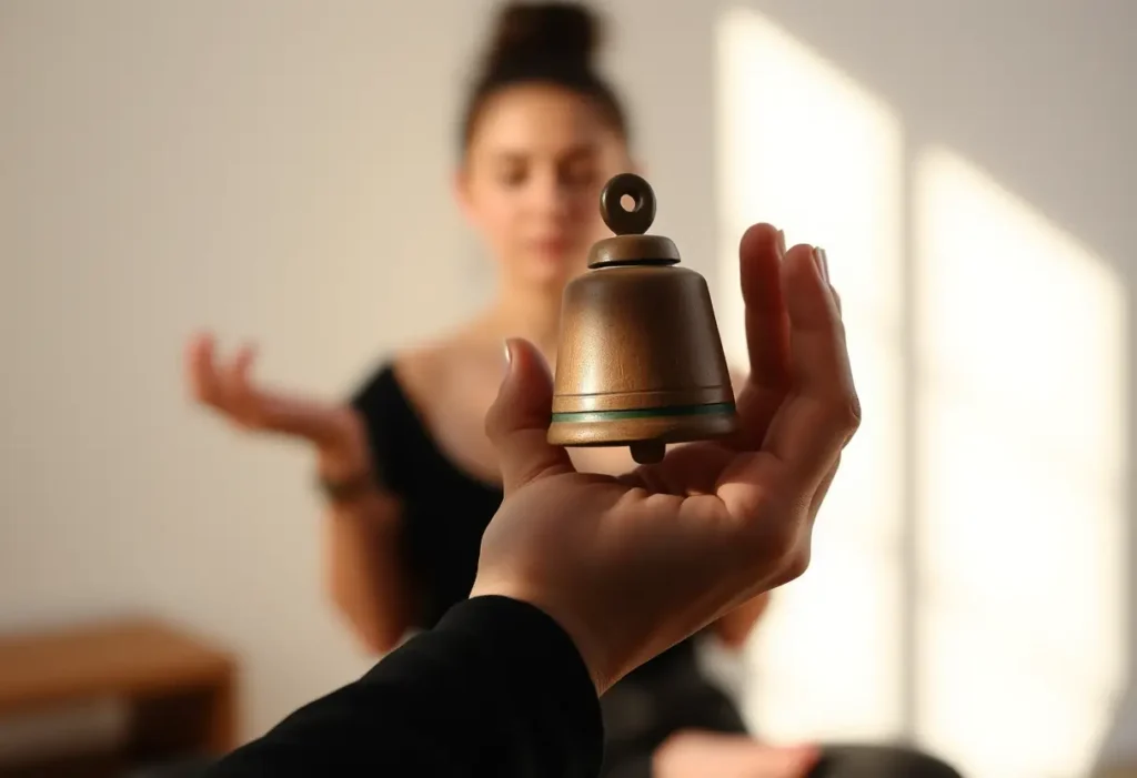 Une main féminine tient un clocheton en bois, symbolisant la paix intérieure et l'estime de soi.