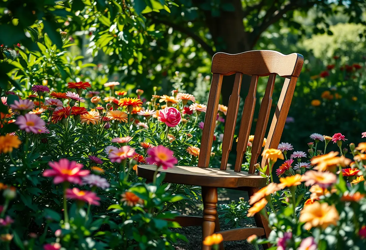 Un fauteuil en bois dans un jardin fleuri, symbole de croissance et d'acceptation de soi.